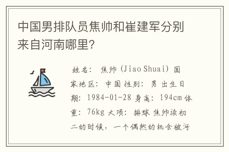 中国男排队员焦帅和崔建军分别来自河南哪里？