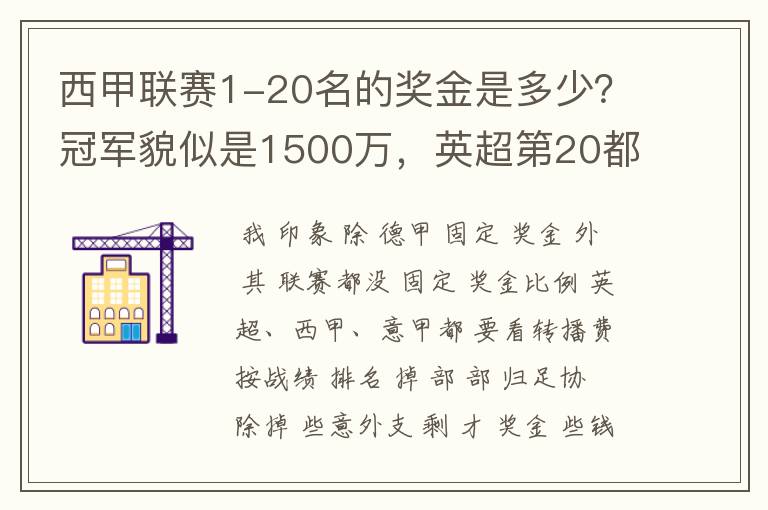 西甲联赛1-20名的奖金是多少？冠军貌似是1500万，英超第20都是4000万呀！