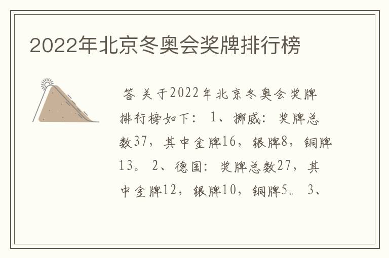 2022年北京冬奥会奖牌排行榜