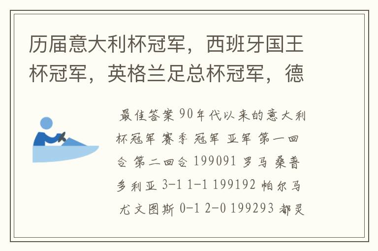 历届意大利杯冠军，西班牙国王杯冠军，英格兰足总杯冠军，德国杯冠军