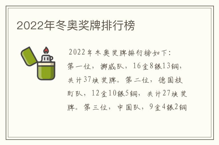 2022年冬奥奖牌排行榜