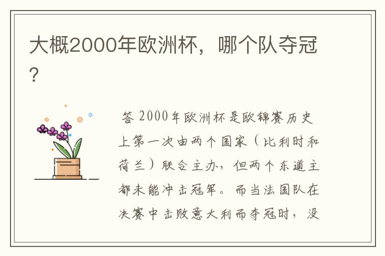 大概2000年欧洲杯，哪个队夺冠？