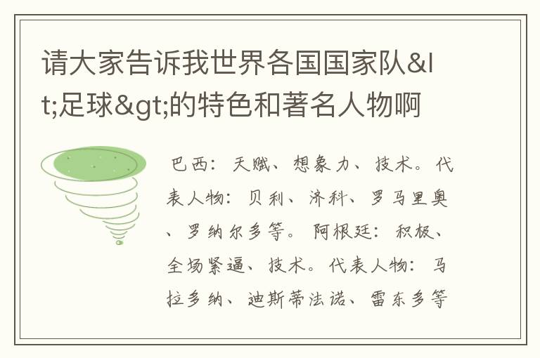 请大家告诉我世界各国国家队<足球>的特色和著名人物啊.以及特长啊