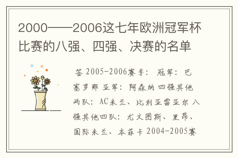 2000——2006这七年欧洲冠军杯比赛的八强、四强、决赛的名单