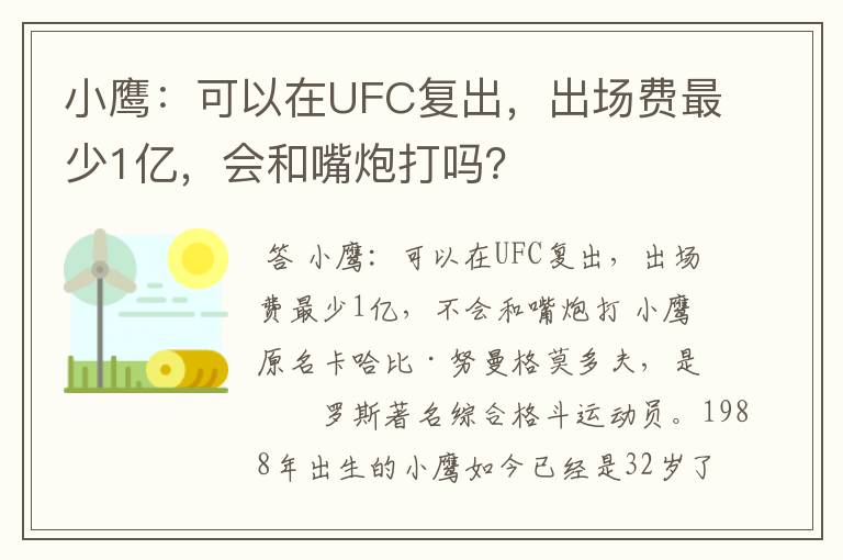 小鹰：可以在UFC复出，出场费最少1亿，会和嘴炮打吗？