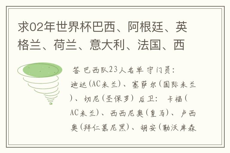 求02年世界杯巴西、阿根廷、英格兰、荷兰、意大利、法国、西班牙的全部阵容