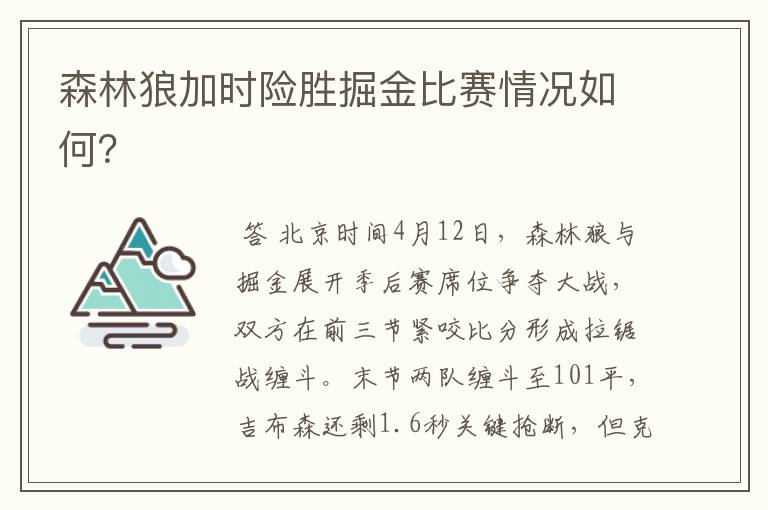 森林狼加时险胜掘金比赛情况如何？