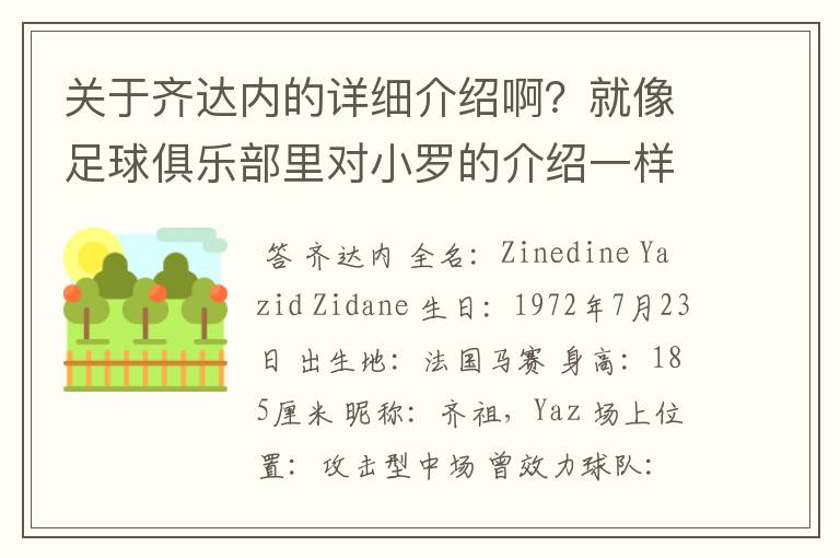 关于齐达内的详细介绍啊？就像足球俱乐部里对小罗的介绍一样，要从幼年开始的特别是他的坎坷的那一段