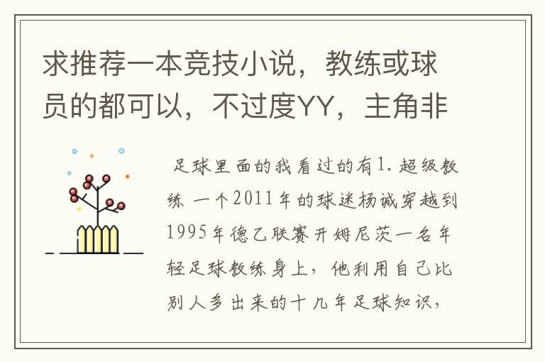 求推荐一本竞技小说，教练或球员的都可以，不过度YY，主角非华人，非华裔，非混血。