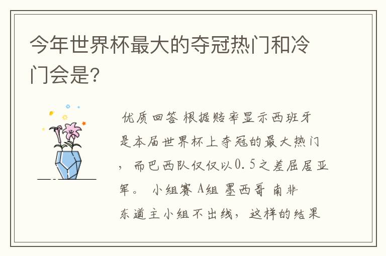 今年世界杯最大的夺冠热门和冷门会是?