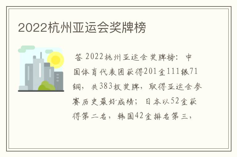 2022杭州亚运会奖牌榜