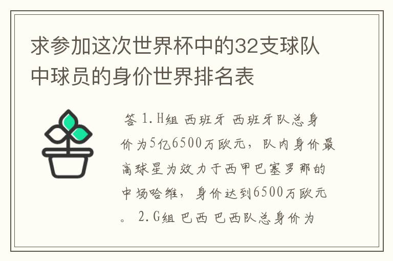 求参加这次世界杯中的32支球队中球员的身价世界排名表