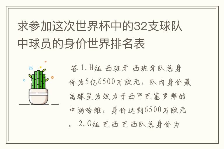 求参加这次世界杯中的32支球队中球员的身价世界排名表