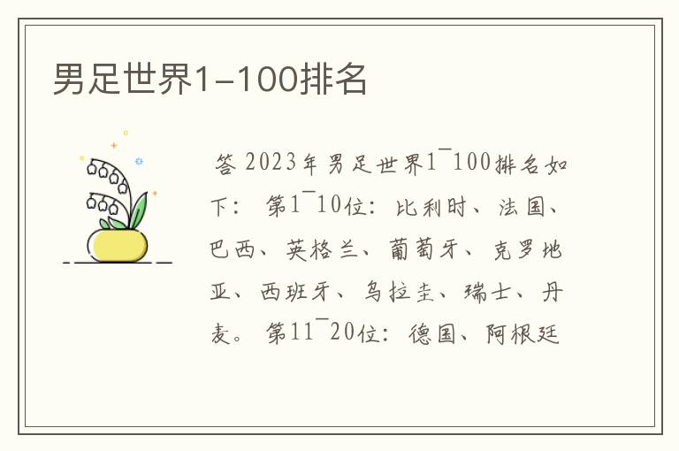 男足世界1-100排名