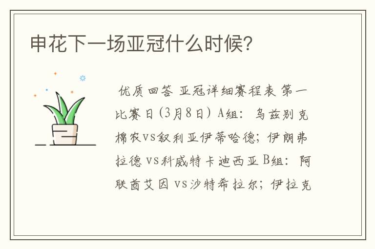 申花下一场亚冠什么时候？