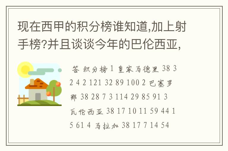 现在西甲的积分榜谁知道,加上射手榜?并且谈谈今年的巴伦西亚,谈谈你的看法?