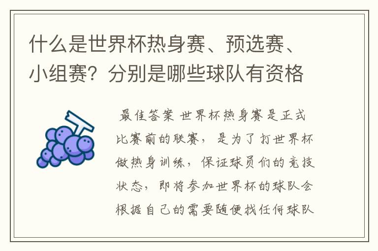 什么是世界杯热身赛、预选赛、小组赛？分别是哪些球队有资格参加？要详细。