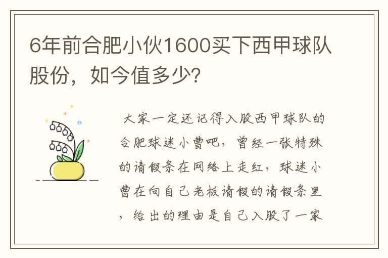 6年前合肥小伙1600买下西甲球队股份，如今值多少？