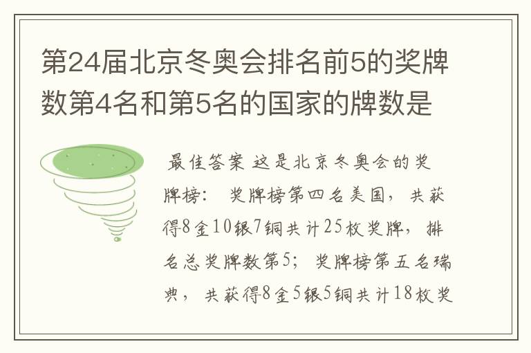 第24届北京冬奥会排名前5的奖牌数第4名和第5名的国家的牌数是多少？