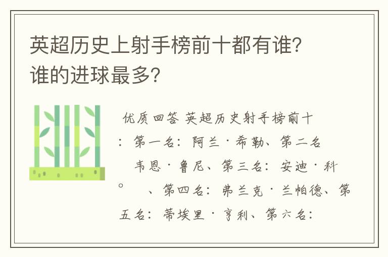 英超历史上射手榜前十都有谁？谁的进球最多？