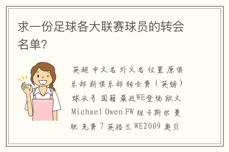 求一份足球各大联赛球员的转会名单？