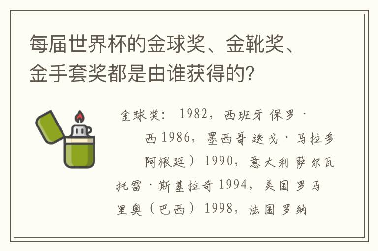 每届世界杯的金球奖、金靴奖、金手套奖都是由谁获得的？