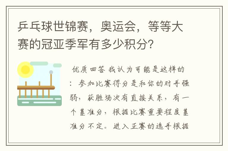 乒乓球世锦赛，奥运会，等等大赛的冠亚季军有多少积分？