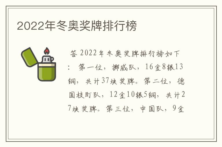 2022年冬奥奖牌排行榜