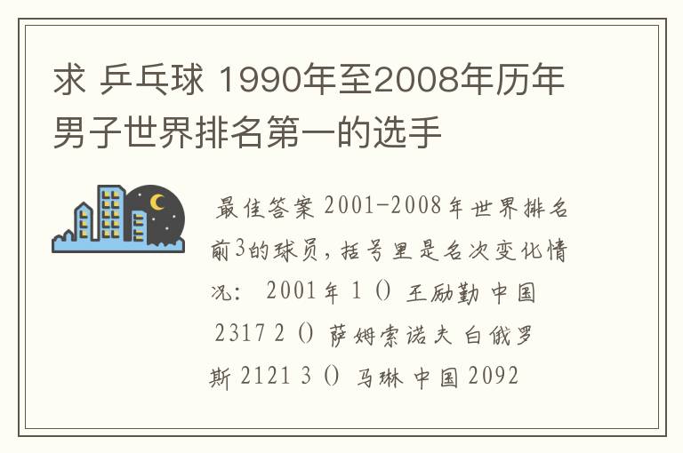 求 乒乓球 1990年至2008年历年男子世界排名第一的选手