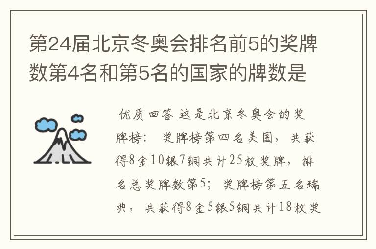 第24届北京冬奥会排名前5的奖牌数第4名和第5名的国家的牌数是多少？