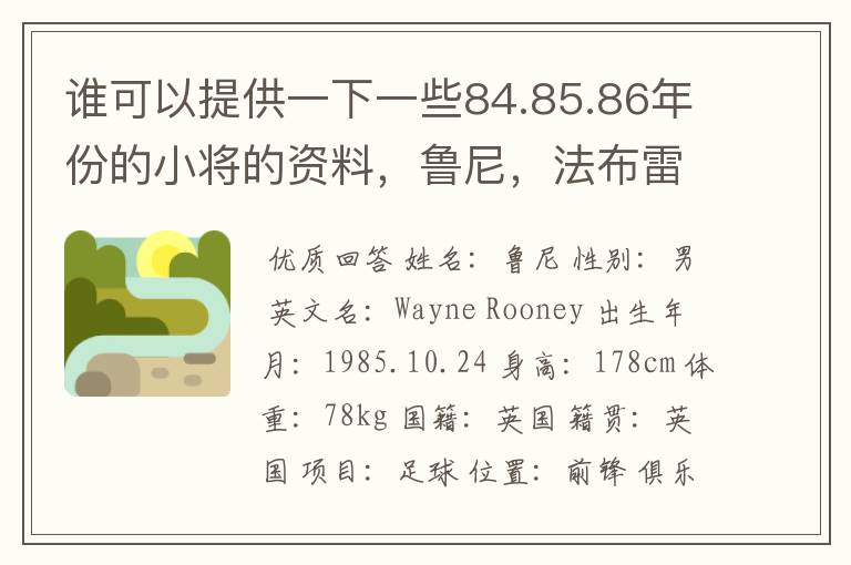 谁可以提供一下一些84.85.86年份的小将的资料，鲁尼，法布雷加斯，小小罗等