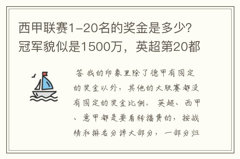 西甲联赛1-20名的奖金是多少？冠军貌似是1500万，英超第20都是4000万呀！