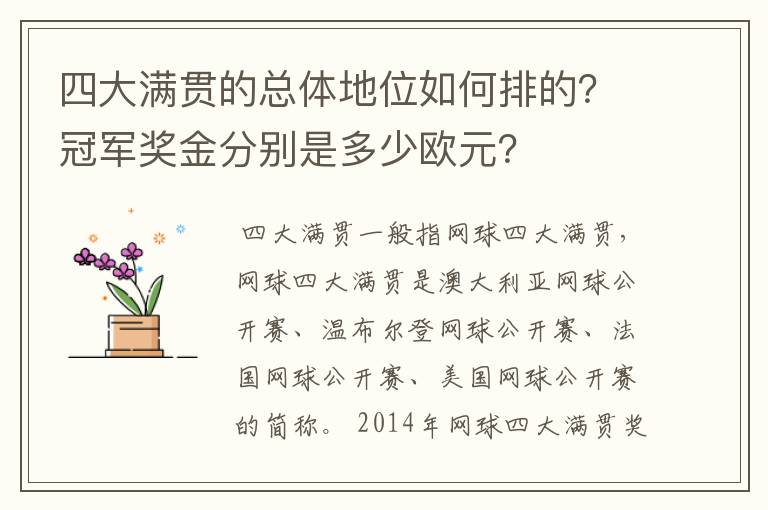 四大满贯的总体地位如何排的？冠军奖金分别是多少欧元？