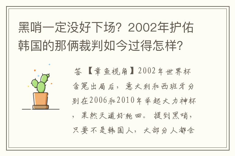 黑哨一定没好下场？2002年护佑韩国的那俩裁判如今过得怎样？