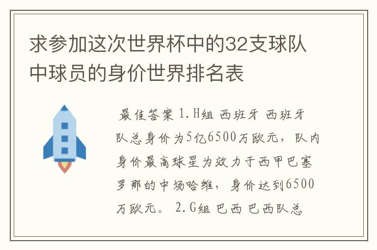 求参加这次世界杯中的32支球队中球员的身价世界排名表