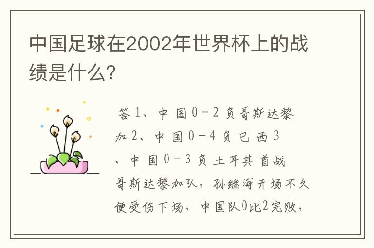 中国足球在2002年世界杯上的战绩是什么？