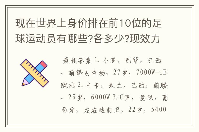 现在世界上身价排在前10位的足球运动员有哪些?各多少?现效力球队?