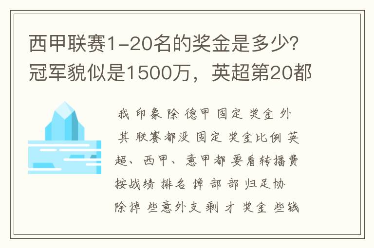 西甲联赛1-20名的奖金是多少？冠军貌似是1500万，英超第20都是4000万呀！