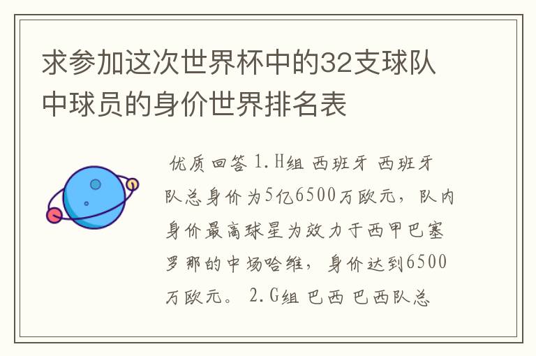 求参加这次世界杯中的32支球队中球员的身价世界排名表