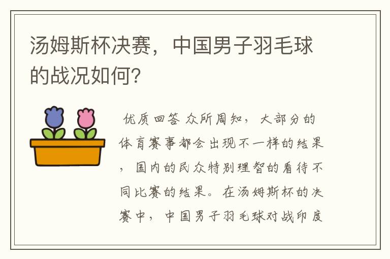 汤姆斯杯决赛，中国男子羽毛球的战况如何？