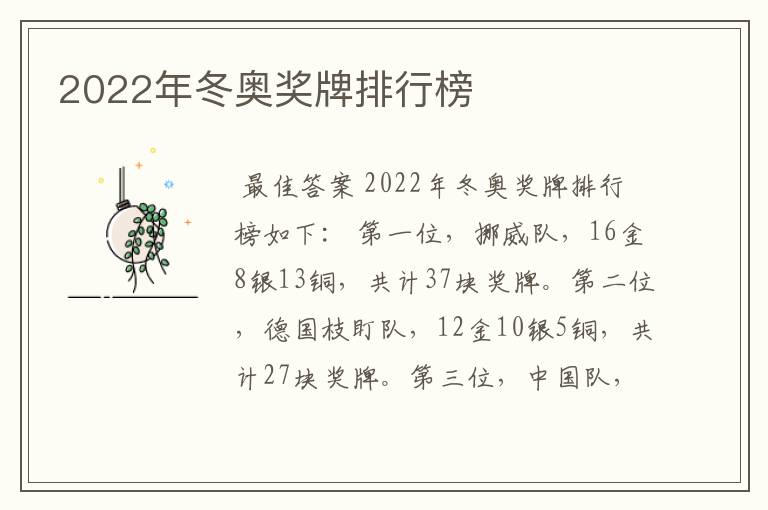 2022年冬奥奖牌排行榜