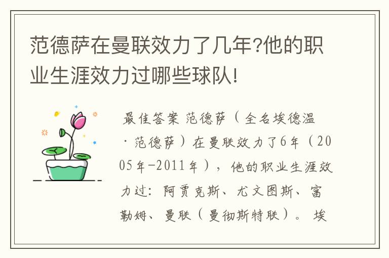 范德萨在曼联效力了几年?他的职业生涯效力过哪些球队!