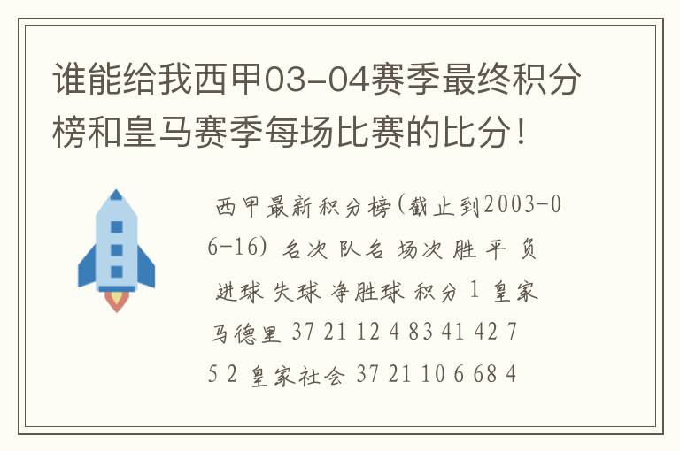 谁能给我西甲03-04赛季最终积分榜和皇马赛季每场比赛的比分！