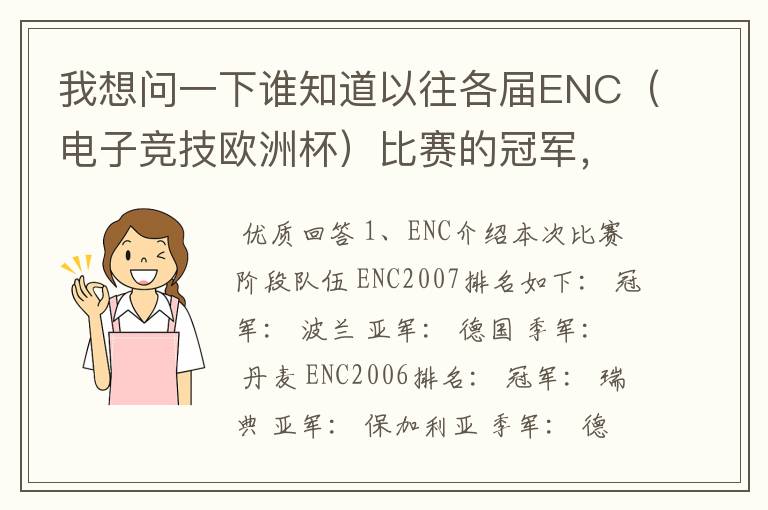 我想问一下谁知道以往各届ENC（电子竞技欧洲杯）比赛的冠军，名次等