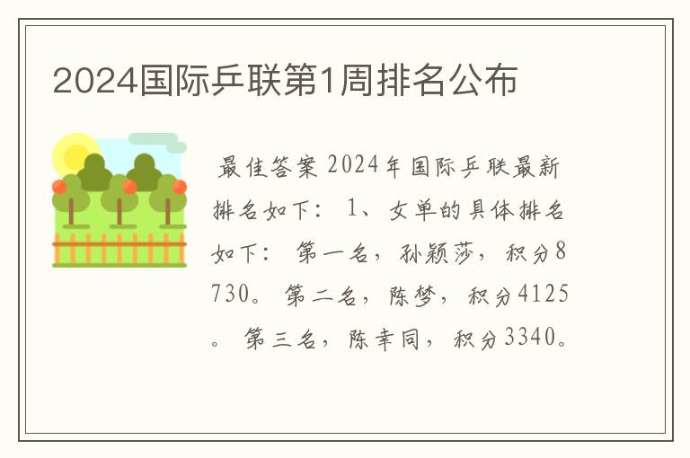 2024国际乒联第1周排名公布