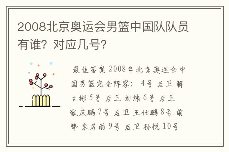 2008北京奥运会男篮中国队队员有谁？对应几号？