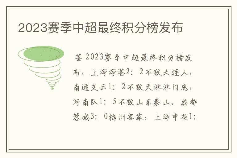 2023赛季中超最终积分榜发布