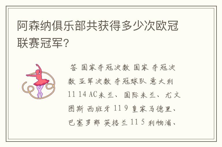 阿森纳俱乐部共获得多少次欧冠联赛冠军?