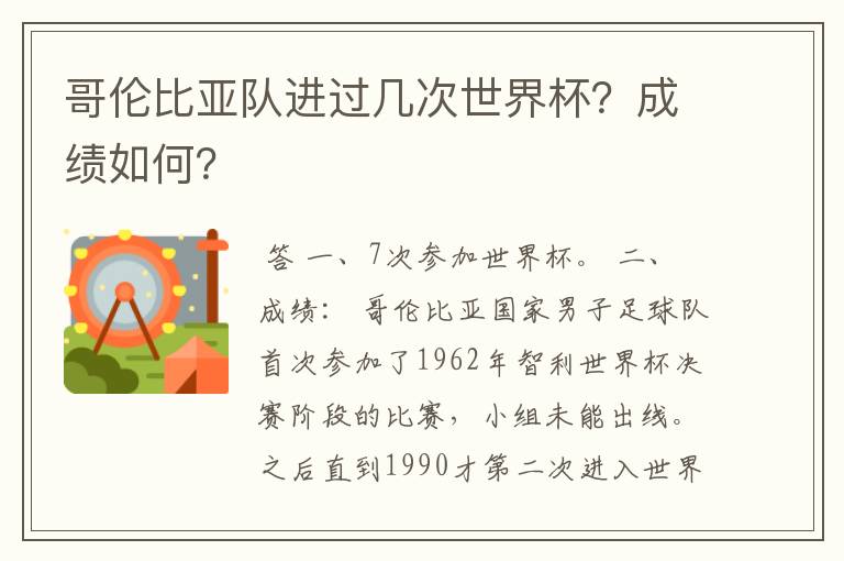 哥伦比亚队进过几次世界杯？成绩如何？