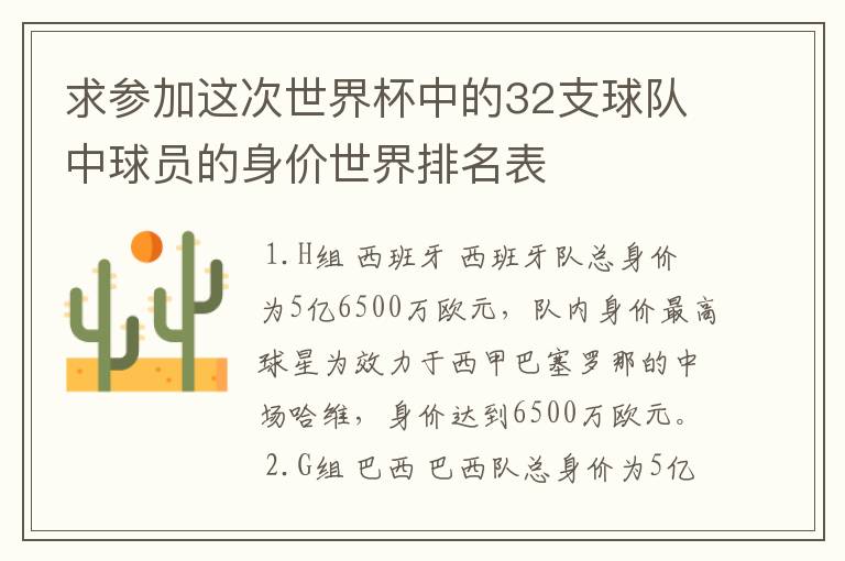 求参加这次世界杯中的32支球队中球员的身价世界排名表